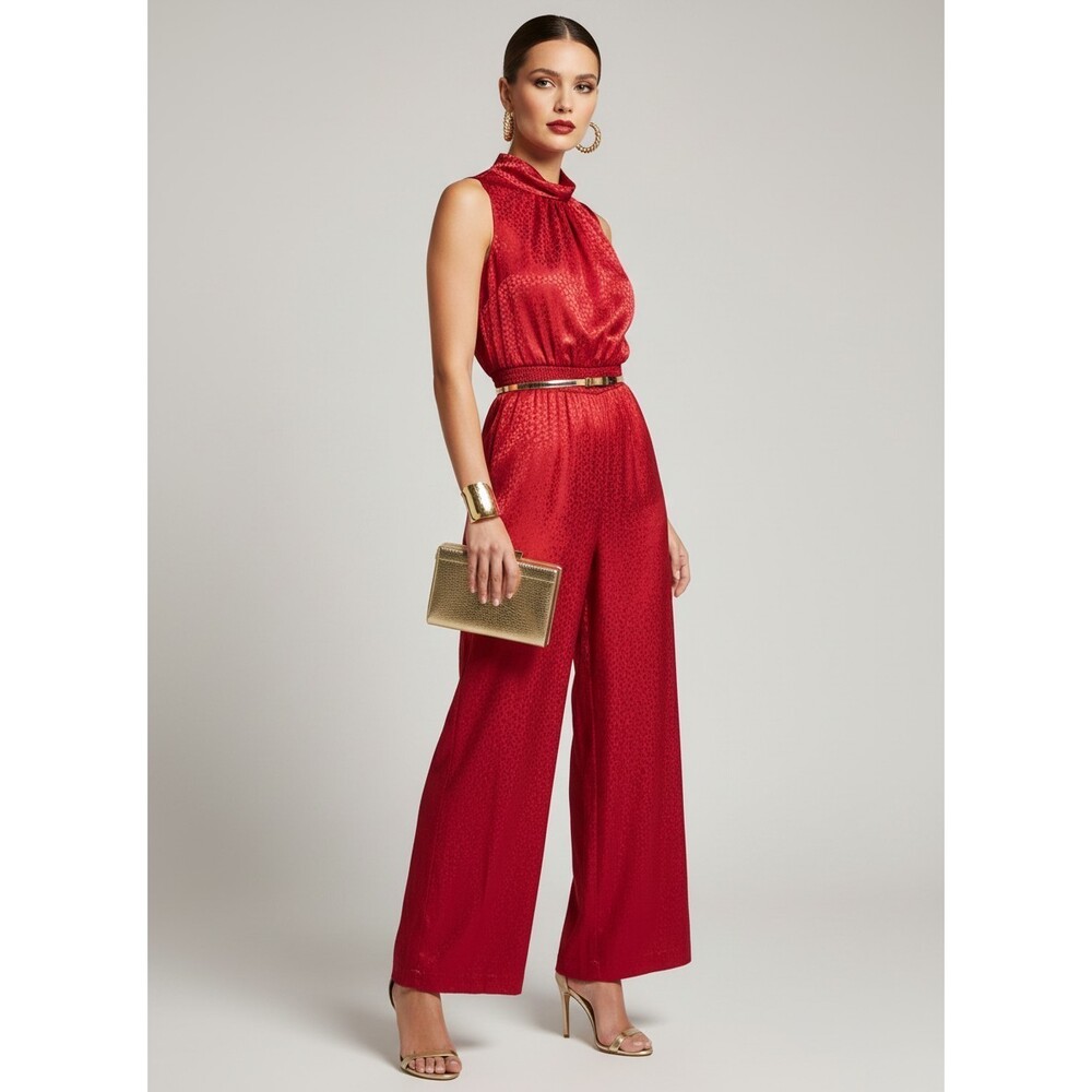 White House Black Market NWT Red Wide Leg Jumpsuit Twist Knot Neck Animal Print